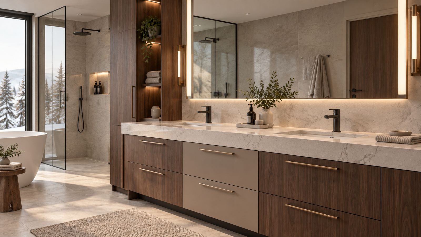 Salle de bain sur mesure avec longue vanité double en bois et laqué taupe, comptoir de marbre blanc et colonne de rangement éclairée