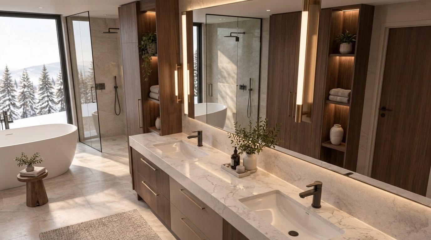 Salle de bain sur mesure avec vanité en noyer, miroirs rétroéclairés, pierre marbrière et baignoire indépendante, vue d'angle premium