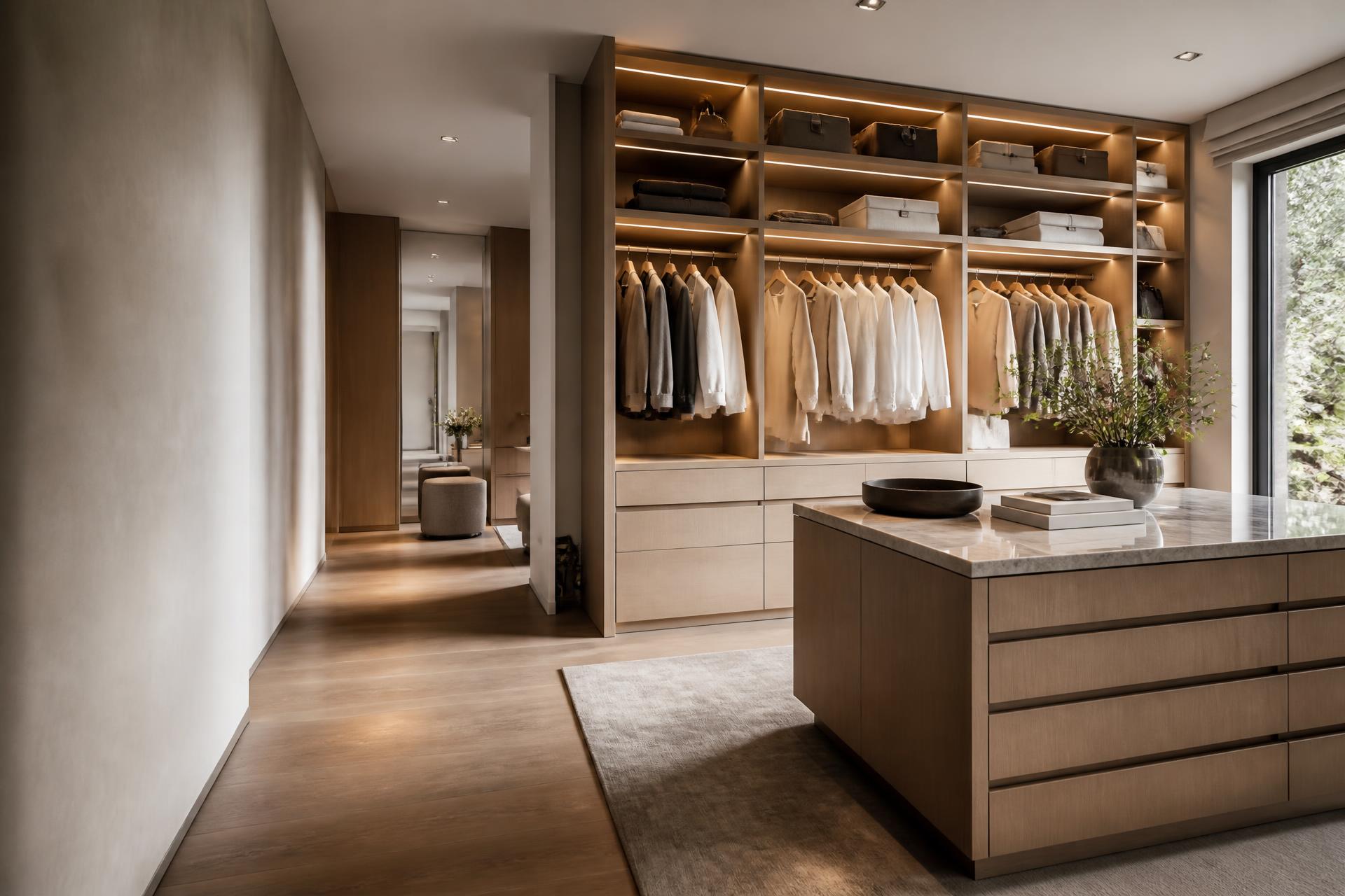 Walk-in sur mesure haut de gamme avec armoires en bois naturel, éclairage intégré et îlot de rangement