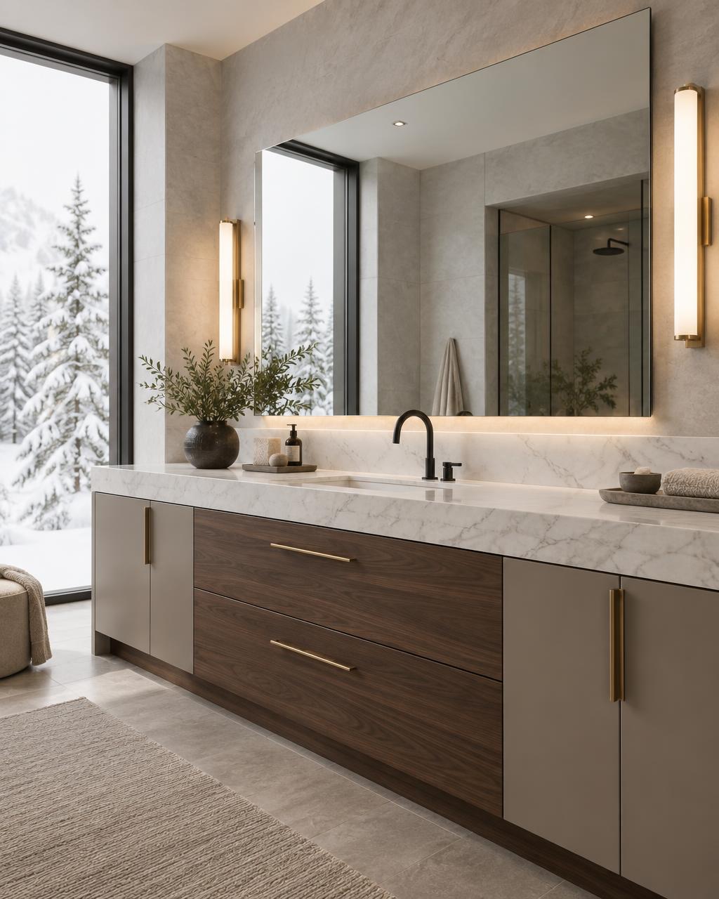 Vanité de salle de bain sur mesure avec colonne de bois chaleureux, comptoir de pierre claire, robinetterie dorée et miroir rétroéclairé