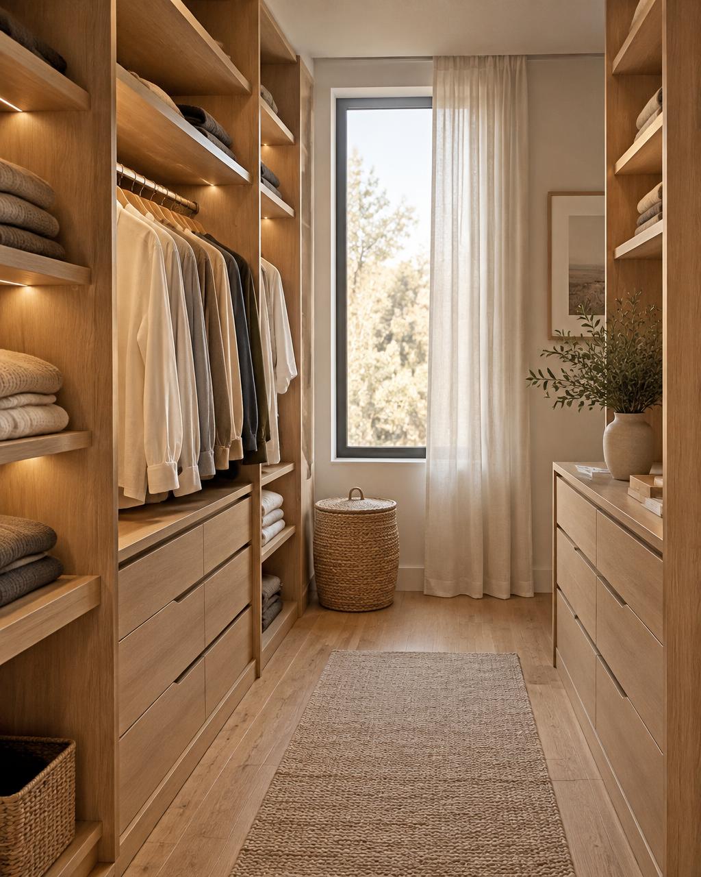 Walk-in sur mesure chaleureux en chêne clair avec étagères ouvertes, tringle à vêtements et tiroirs intégrés, éclairage LED doux et fenêtre lumineuse